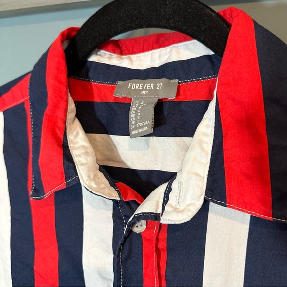 Forever 21 Blue/Red/White Striped Button Up Short Sleeve Collared Shirt - Picture 6 of 12
